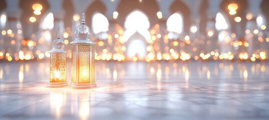 Glowing lanterns illuminate serene shrine interior
