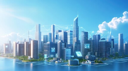 Fototapeta premium Futuristic cityscape with digital network connections.