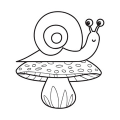 Coloring page with cute snail and mushrooms in grass for kids, kawaii black and white cartoon insects themed educational worksheet for print, game for preschoolers