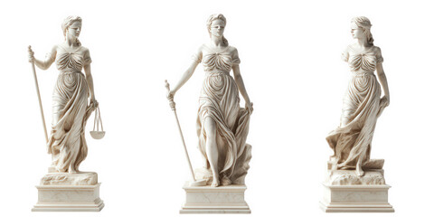 Three Statues of Lady Justice Symbolize Justice Impartiality and Law, on transparent background