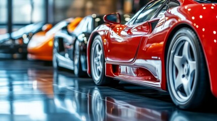 Modern cars elegantly arranged in an industrial showroom, showcasing sleek designs and advanced technology, embodying innovation and automotive excellence