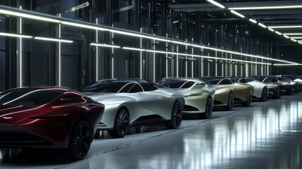 Obraz premium Modern cars elegantly arranged in an industrial showroom, showcasing sleek designs and advanced technology, embodying innovation and automotive excellence