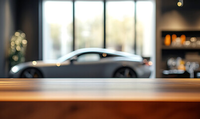 Fototapeta premium A modern wooden table top in a contemporary restaurant with a blurred view of the window, providing a subtle abstract background perfect for highlighting products in a display or advertisement