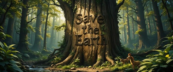 Ancient Forest: Save the Earth â€“ A Serene, Carved-Tree Illustration