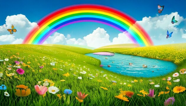 Colorful cartoon background with a sunny meadow fluffy clouds and rainbow arching across.
