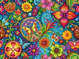 Psychedelic Hippie Wallpaper: Rainbow Peace Sign, Colorful Flowers, Butterfly, Pomegranate & Paisley Design