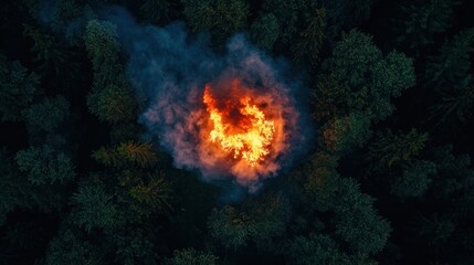 Aerial View of a Wildfire in a Forest at Night