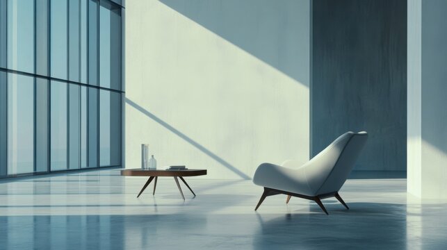 Minimalist modern room with sleek, open decor. Featuring clean lines and subtle hues