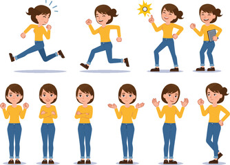 Vector illustration set of a woman wearing a blue jeans shirt, presenting various actions and emotions, including running, standing, walking, and more casual movements.