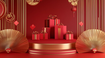 Festive Chinese New Year 3D Rendering: Red Background with Gold Podium and Fan-Shaped Patterns for Product Display