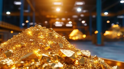 Fototapeta premium A glittering pile of gold nuggets and bars glimmers in a well-lit warehouse, showcasing wealth and luxury.