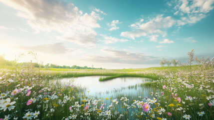 Fototapeta premium A serene countryside with a heart-shaped pond surrounded by wildflowers, with the sky as text space
