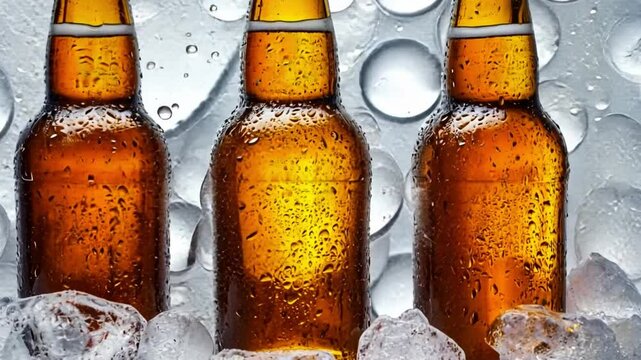 This image shows three beer bottles covered in ice. They represent relaxation and fun. Ideal for promoting beverages or social events. Generative AI