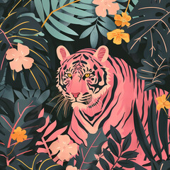 Pink Tiger in a Vibrant Tropical Jungle: Exotic Foliage, Bold Colors, and Artistic Wildlife Illustration