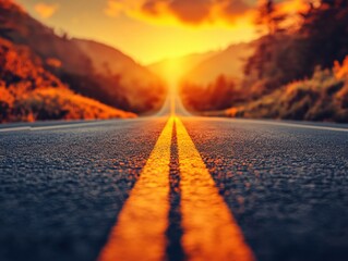 Scenic highway vanishing into a vibrant sunset.