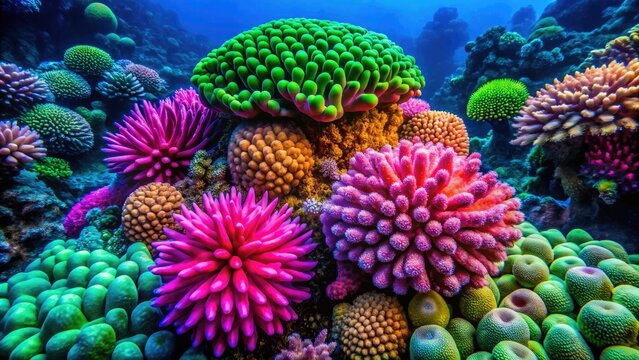 Aerial view: Great Barrier Reef's glowing Blastomussa merletti and pineapple corals, a pink and green spectacle.