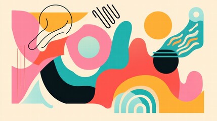 Vibrant and trendy flat design background in cartoon style,  Features bold, vivid colors with a gradient palette (pink, orange, teal, and yellow) and abstract geometric shapes