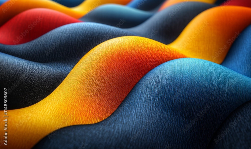 Poster isometric geometric fabric pattern with bold, overlapping shapes in vibrant colors, creating a moder