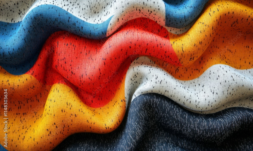 Poster isometric geometric fabric pattern with bold, overlapping shapes in vibrant colors, creating a moder