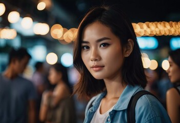 Obraz premium A young woman stands confidently in the bustling night market in Thailand. Soft lights illuminate her features as she interacts with the vibrant surroundings filled with people. Generative AI