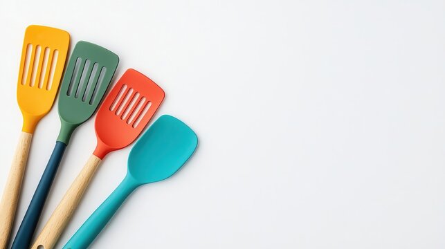 a silicone spatula set, kitchen utensils, vibrant colors, flexible material, isolated on white background