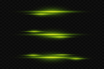 Collection of horizontal flares and highlights. Neon laser lines of light. On a transparent background.