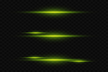 Collection of horizontal flares and highlights. Neon laser lines of light. On a transparent background.
