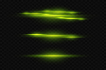 Collection of horizontal flares and highlights. Neon laser lines of light. On a transparent background.