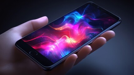 Hand holding phone with vibrant abstract wallpaper.