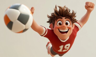 3D cartoon volleyball player jumping high for a spike, with oversized arms and a playful, determined look