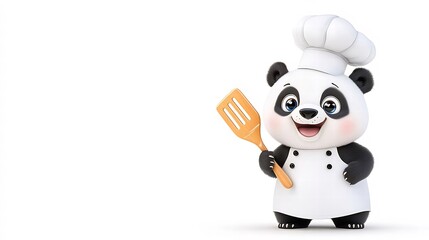 Cute panda chef cartoon character holding spatula.