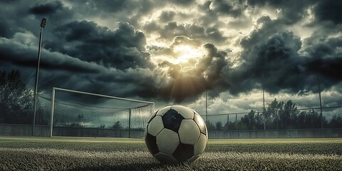 A soccer ball on the field, with a goal in the background. 