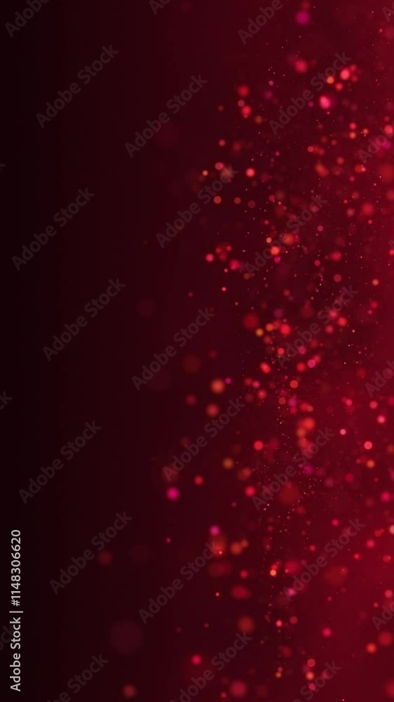Poster red glowing circles particles dust flying at the middle right on a dark abstract background, bokeh e