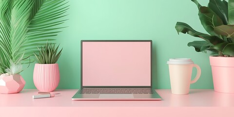 Pink Laptop Workspace With Tropical Plants And Coffee