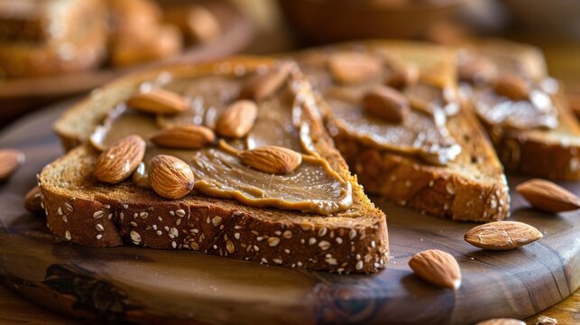Deliciously crafted nut butter spread on whole grain toast topped with crunchy almonds perfect for a morning boost