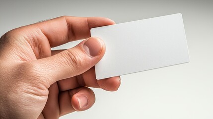 Fototapeta premium Blank White Card Held by Hand Against Light Background for Mockup or Design Purposes