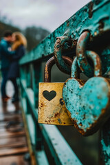 A couple kissing on a bridge with a padlock attached to it