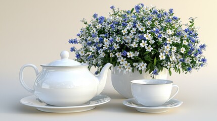 Elegant White Tea Set with Floral Arrangement on Soft Background for Relaxing Tea Moments