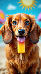 A cute brown dachshund enjoying a popsicle.