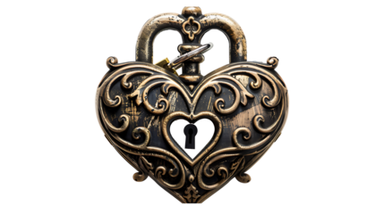 A decorative love lock with engraved initials, isolated on white background, cut out 