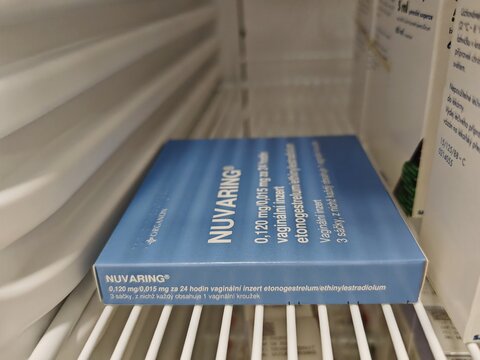 Prague, Czech Republic -December 21 2024: NUVARING box of contraception with ethinyl estradiol and etonogestrel active substances by Merck, used for hormonal birth control and pregnancy prevention	
