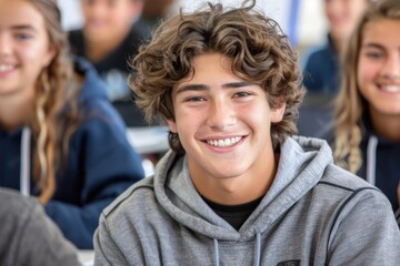 Fototapeta premium Classroom interaction smiling student school setting portrait photography bright environment close-up view youthful spirit