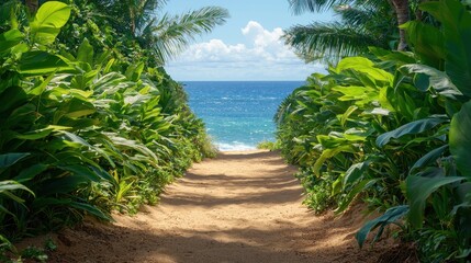 Obraz premium Lush Tropical Pathway Leading to a Vibrant Ocean Under a Clear Blue Sky
