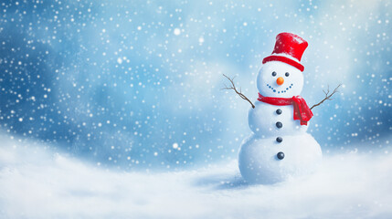 Fototapeta premium Snowman wearing a red hat and scarf in falling snow