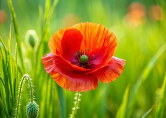 Fototapeta premium Red Poppy Macro Photography, Single Wild Poppy Closeup, Nature's Beauty, Green Grass Background, Floral Image
