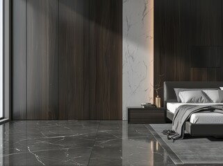 Minimalist bedroom interior with dark wood paneling. marble floor. and a large window