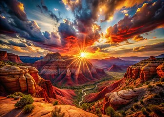 Red Rock Canyon Sunrise Landscape, Arizona Desert Dawn, Surreal Photography, Vibrant Colors, Fantasy Sun
