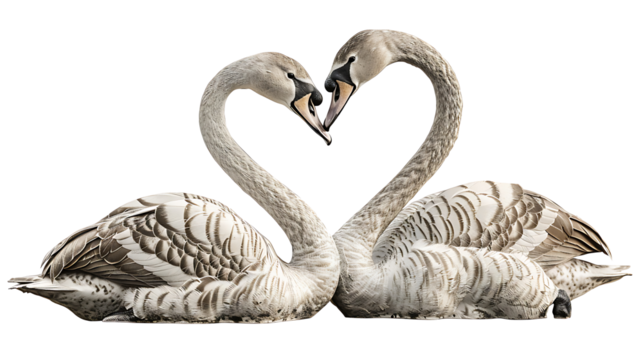 A pair of swans forming a heart shape with their necks, isolated on white background, cut out