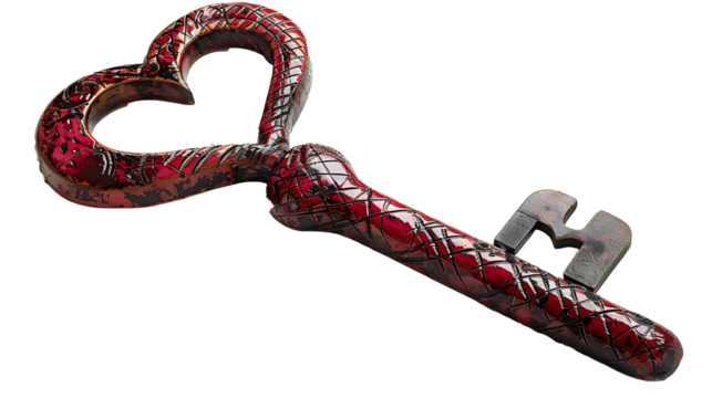 A decorative key with a heart-shaped handle, isolated on white background, cut out 