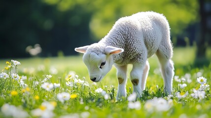 Obraz premium A Fluffy Lamb Grazes in a Spring Meadow